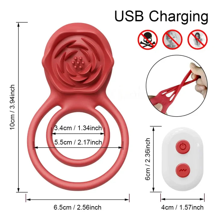Remote Control Clit Stmulator & Vibrating Penis Ring Rose Toy for Couple