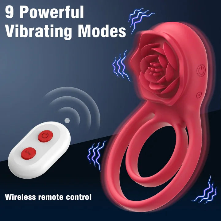 Remote Control Clit Stmulator & Vibrating Penis Ring Rose Toy for Couple