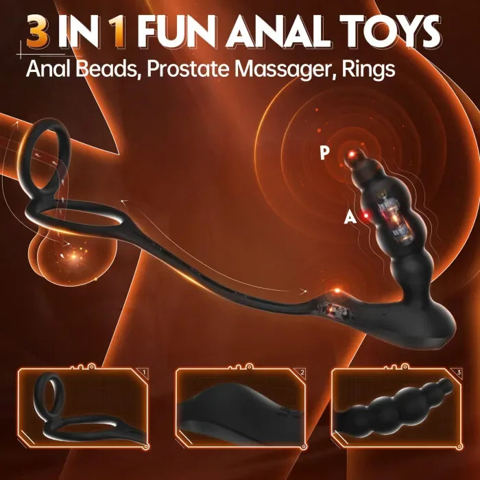 3-in-1 Prostate Massager with Dual Cock Ring 5 Graduated Anal Beads