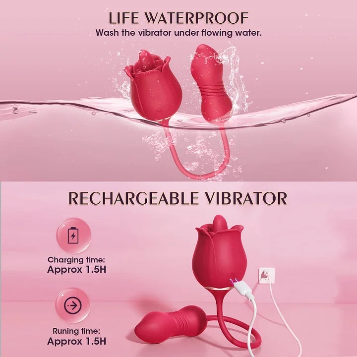 Rose Toy Vibrator for Woman – 3 in 1 Clitoral Stimulator Tongue Licking Thrusting G Spot Dildo Vibrator with 9 Modes, Rose Adult Sex Toys Games, Clitoris Nipple Licker for Women Man Couple